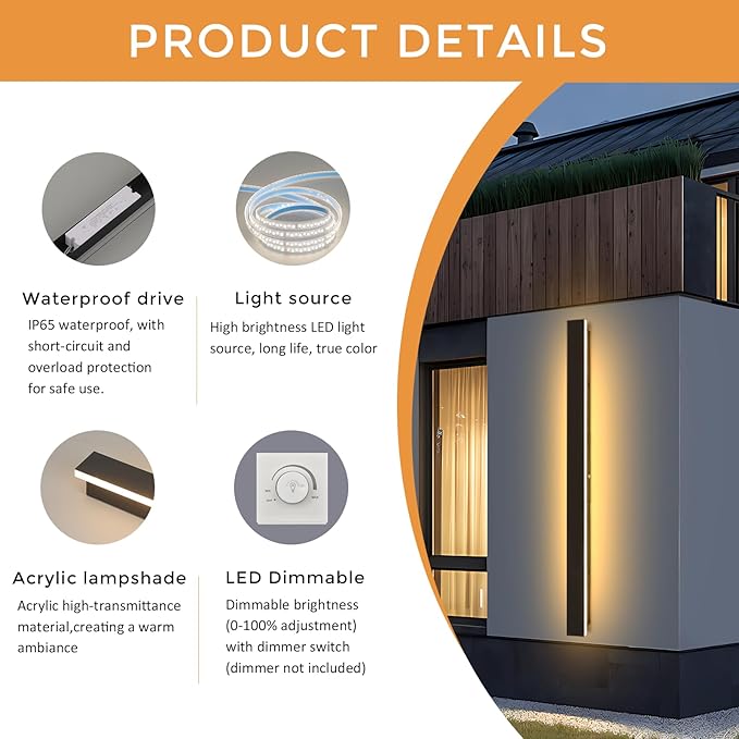 Modern Outdoor Wall Lights 59.1 Inches 3000K LED Outdoor Wall Light for House Exterior Wall Garage Entrance Lighting Fixtures Waterproof Long Strip Wall Sconces for Doorway Patio Passage