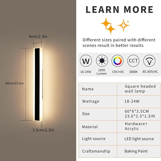 Mikeru 2Pack 23.6inch Outdoor Light Fixtures, 3000/4500/6000K 3 Color Modern Black Linear Wall Lights Front Porch Light Wall Mounted Led Lighting for Basement, Shop,Garage Non-Dimmable