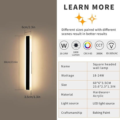 Mikeru 2Pack 23.6inch Outdoor Light Fixtures, 3000/4500/6000K 3 Color Modern Black Linear Wall Lights Front Porch Light Wall Mounted Led Lighting for Basement, Shop,Garage Non-Dimmable
