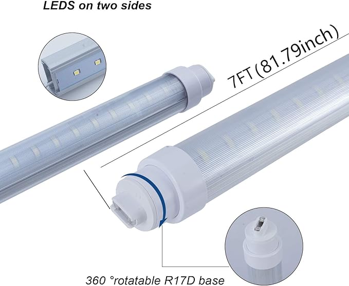 6 Pack T10 7FT 60W Led Tube Light Shop Light Double Sided 360° Rotatable R17D Base Ballast Bypass 7 Foot Advertisement Sign Lighting 6000k Cool White Striped Cover 100-277V