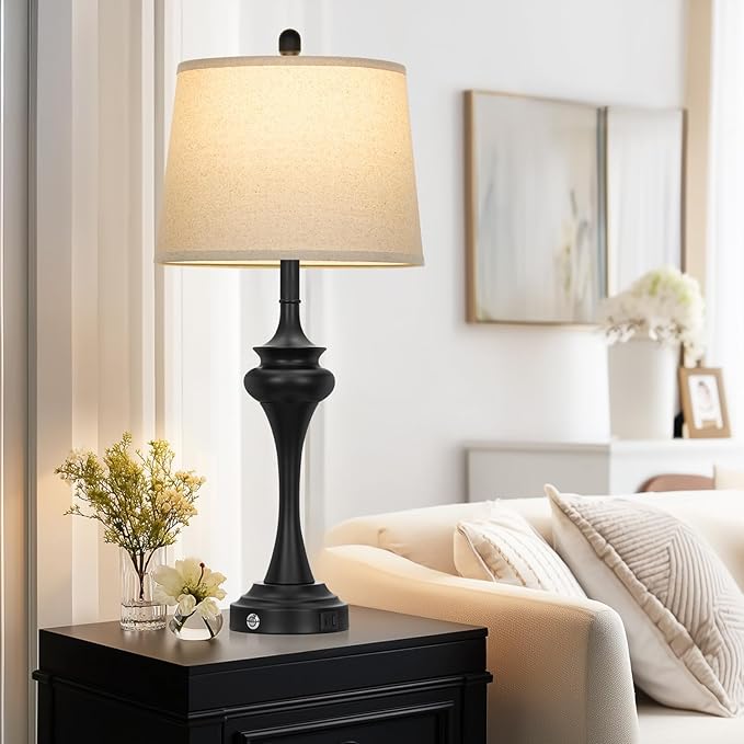 30 Inch Black Table Lamp Single, 3-Way Touch Control Bedside Lamp with USB A+C Ports, Modern Bedroom Lamps for Nightstand, Metal Living Room Lamps for Side Table Desk Office, Bulb Included