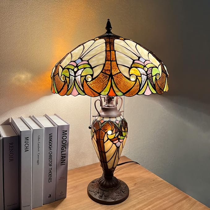 Tiffany Table Lamp Night Light 16" Wide Handmade Stained Glass Lamp Shade 3 Light Amber Cream Victorian Style Vintage Table Lamp for Home and Office