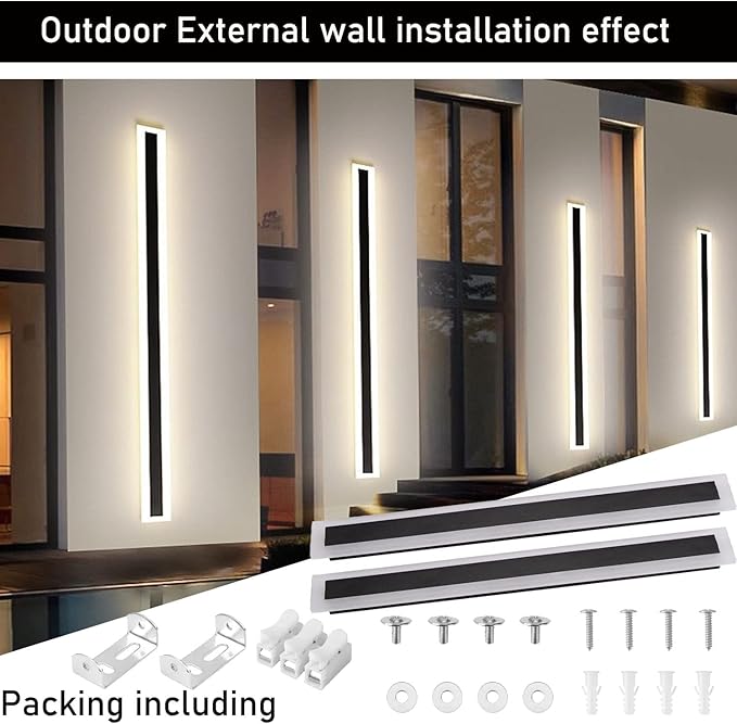 2Pack 23.6inch Long Outdoor Modern LED Wall Light,18W Waterproof IP65 Warm White 110V led Wall Mount Lighting Fixture Rectangular Black Wall Lights Elegant Frosted White Acrylic Anti Rust