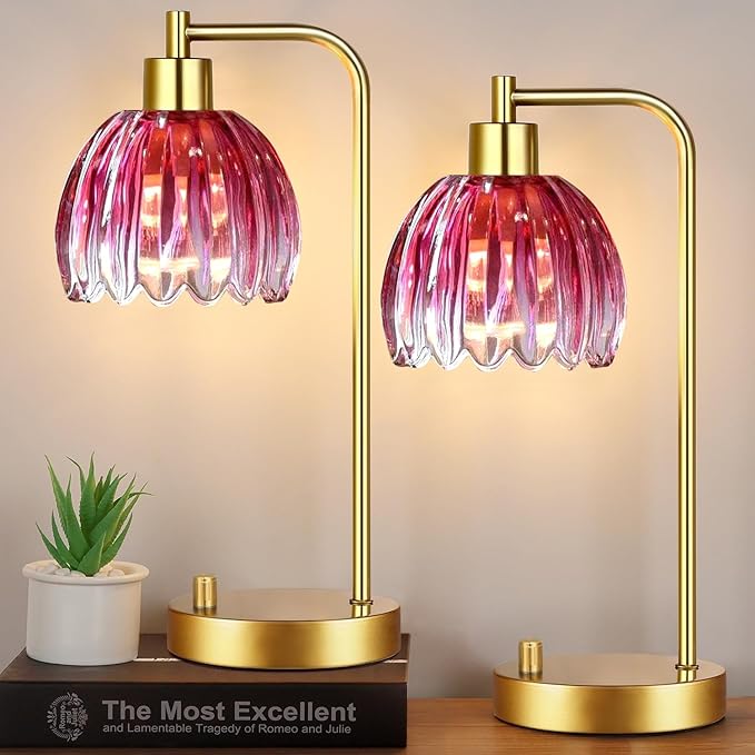 Pink Table Lamp Set of 2,Small Gold Bedside Lamps Dimmable Boho Bedroom Lamp with Flower Glass Lamp Shade,Vintage Mid Century Modern Mini Nightstand Lamp for Girls Kids Bedroom Living Room