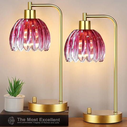 Pink Table Lamp Set of 2,Small Gold Bedside Lamps Dimmable Boho Bedroom Lamp with Flower Glass Lamp Shade,Vintage Mid Century Modern Mini Nightstand Lamp for Girls Kids Bedroom Living Room