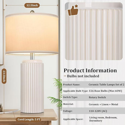 23.5’’ Beige Modern Ceramic Table Lamps Set of 2 for Living Room, Farmhouse Bedside Lamps with Upgraded White Linen Shade, Rustic Nightstand Lamps for Bedroom Home Office, Vintage End Table Dorm