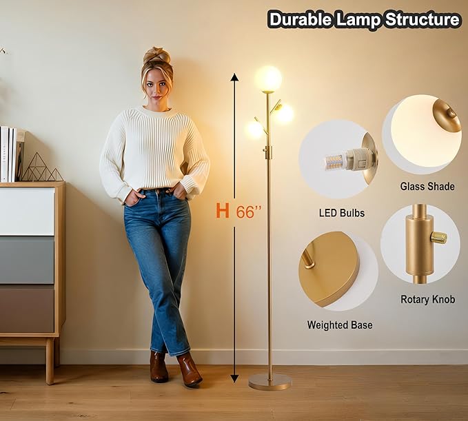 Fiqevs Upgraded Dimmable Globe Floor Lamp for Living Room, Mid Century Modern Gold Tree Floor Lamps with LED Bulbs, Elegant Standing Lamp for Bedroom Office Dining Room
