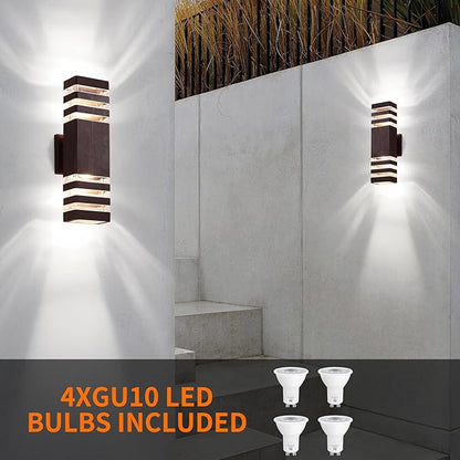 tewei 2 Pack Outdoor Wall Lights, Modern Exterior Light Fixture Wall Mount Brown Outdoor Lights for House, Waterproof Aluminum Up and Down Porch Lights Wall Sconces for Garage Patio, 3-Layer