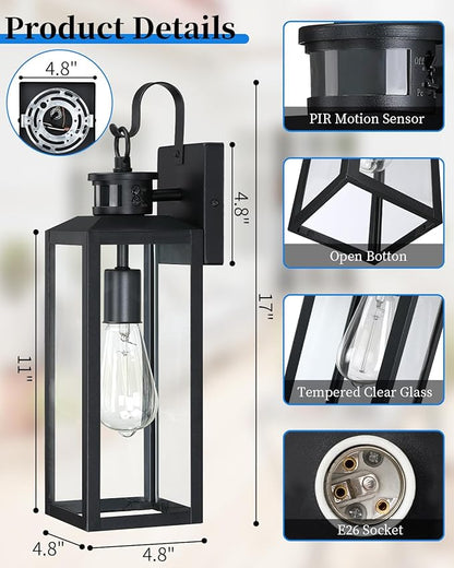 17'' Motion Sensor Outdoor Lights Wall Mount, Dusk to Dawn Exterior Light Fixture, Waterproof Anti-Rust Porch Light Outside Wall Lights for House, Black Wall Sconce Lanterns with Clear Glass, 2 Pack