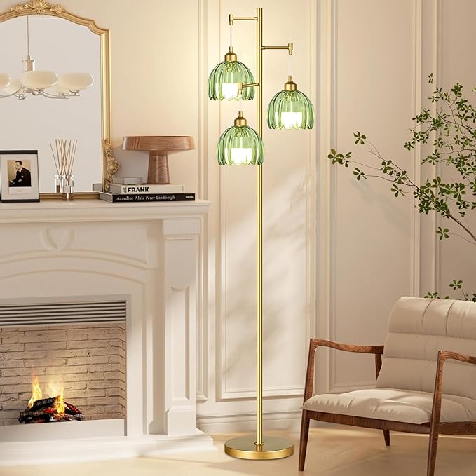 Glass Floor Lamp for Living Room,Bedroom,Gold Mid Century Modern Standing Lamp Brass Tree 3 Light Tall Floor Lamps Vintage Retro Floor Lights Green Flower Lamp Shade Farmhouse Boho Bohemian