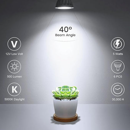 MR16 LED Bulbs 50W Halogen Equivalent Landscape Light Bulbs, 5000K Daylight White 5W GU5.3 MR16 12V Spotlight Bulb, Not Dimmable 40° Beam Angle for Landscape, Recessed, Track Lighting 6 Pack