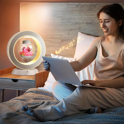 LoveLin Magnetic Levitation Circle Table Lamp with Bluetooth Speaker,5W Led Night Light,Three Variable Color,Automatic Rotating Preserved Flowers Creative Gifts Home Office Ornament Rotundity Layout