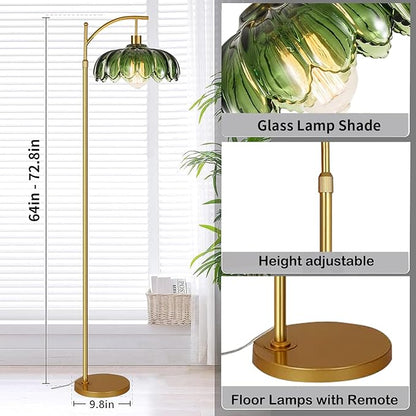 Gold Floor Lamps for Living Room,Glass Floor Lamp with Remote Control & Green Lampshade,Arc Flower Lamp Dimmable Mid Century Modern Standing Lamp Vintage Brass Tall Floor Lamp For Bedroom Corner
