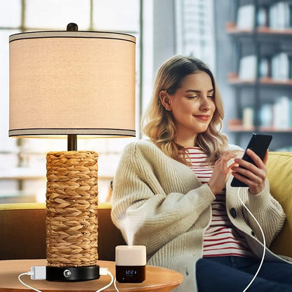 GyroVu Rattan Table Lamp Set of 2, Wicker Lamps, Dimmable Touch Seagrass Table lamp with 2 USB Ports and 1 AC Outlet for Bedroom Nightstand Table, Livingroom End Table, Bulbs Include