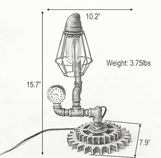 Vintage Copper Steampunk Pipe Table Lamp with Clock (Cage Shade Design) QTF-BT02