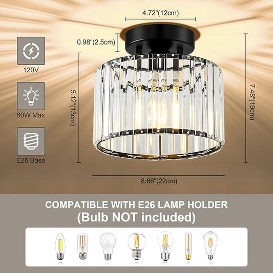 Crystal Black Semi Flush Mount Ceiling Light Modern Hallway Light Fixture Metal Close to Lamp for Entryway Bedroom(8.66 inch)
