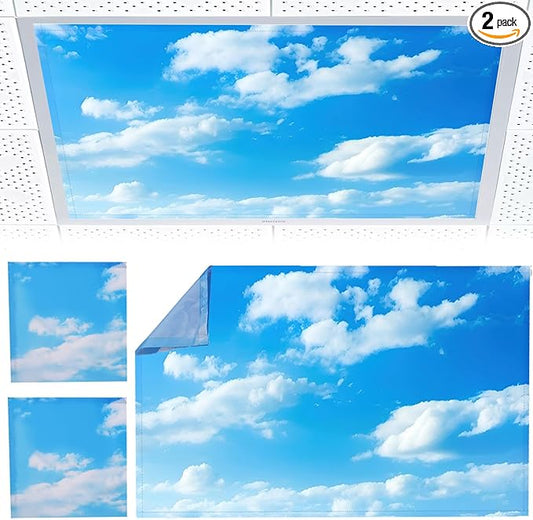 2pcs Fluorescent Light Covers - Light Covers for Ceiling Lights Classroom, Magnetic Light Filters for Office, Hospitals, Home 4 x 2 Feet (Blue sky and white clouds)