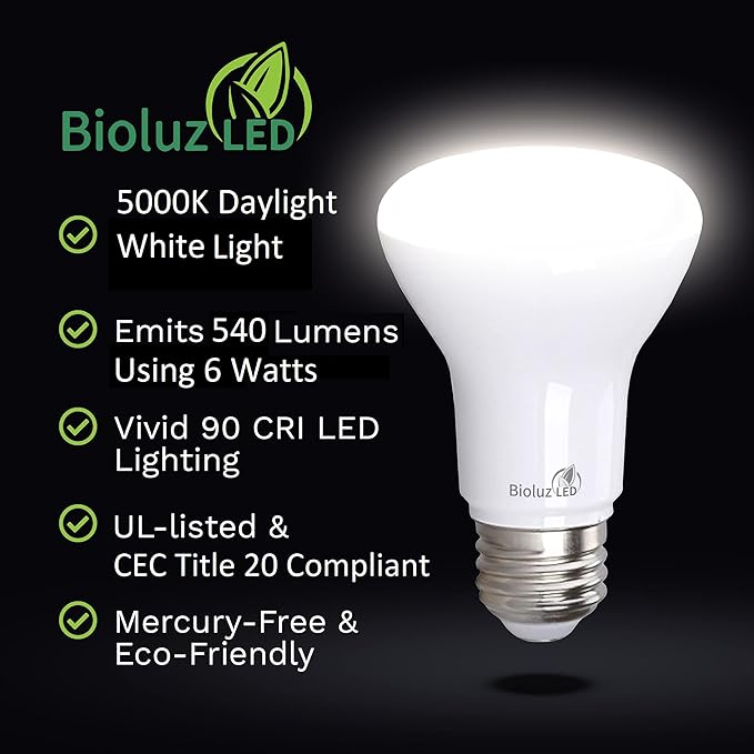 Bioluz LED 4 Pack BR20 LED Bulb 5000K Daylight Led Bulbs 6W=50W, 90 CRI, 540 Lumen, Dimmable LED Light Bulbs, Cool White Light Bulbs, Indoor/Outdoor Flood Light Bulbs, UL Listed & Title 20 Compliant