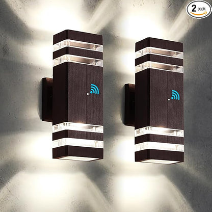 tewei 2 Pack Outdoor Wall Lights, Modern Dusk to Dawn LED Outdoor Lighting 2-Layer Brown Outdoor Lights for House Exterior Wall Light Fixture Waterproof Up and Down Porch Lights for Garage Entryway