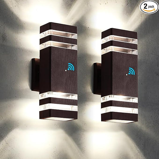 tewei 2 Pack Outdoor Wall Lights, Modern Dusk to Dawn LED Outdoor Lighting 2-Layer Brown Outdoor Lights for House Exterior Wall Light Fixture Waterproof Up and Down Porch Lights for Garage Entryway