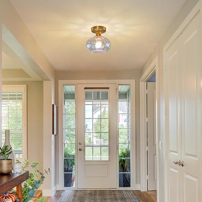 Vintage Glass Flush Mount Ceiling Light - 2 Pack，7.9 Inch Rainbow Hammered Glass Hallway Light fixtures Ceiling, Gold Semi Flush Mount Ceiling Light for entryway Foyer Laundry Room Kitchen
