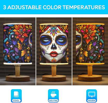 Sugar Girl Table Lamp LED 3-Color Pressed Bedside, Sugar Girl Shade Lamp with Wood Base for Bedroom Living Room Desk Office TL01