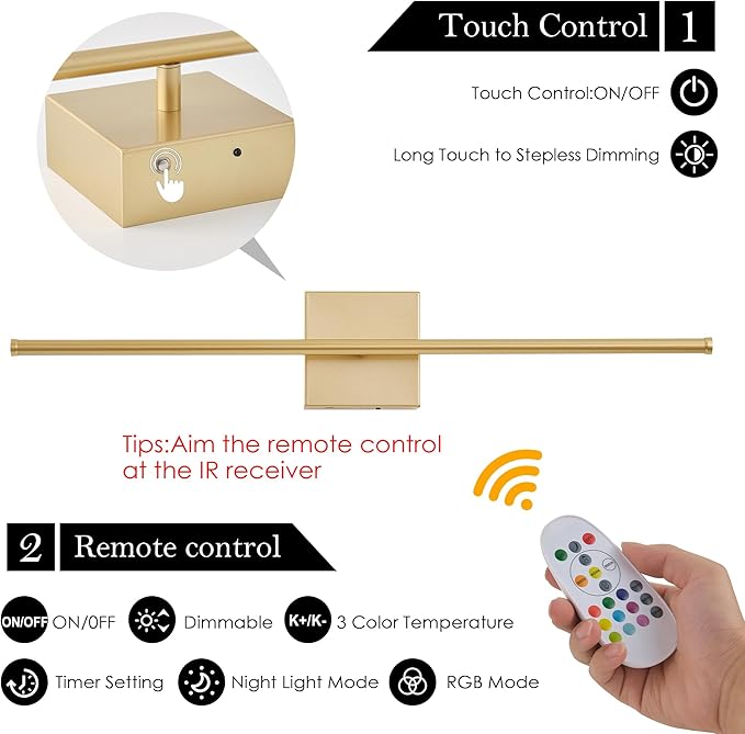 28.3 Inch 9 RGB Color Battery Operated Wireless Wall Sconces Set of Two, with Remote, Dimmable, Warm/Natural White/Daylight, Rotatable, LED Wall Light for Living Room, Bedroom, Gold