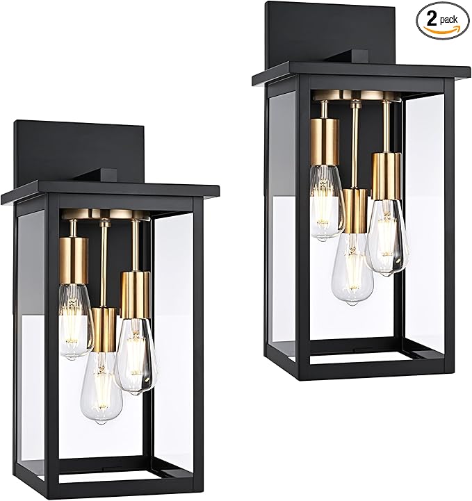 TODOLUZ 2-Pack Large Outdoor Wall Light Fixtures, 3-Light Waterproof Porch Wall-Mounted Lamp Lantern Lighting for Front Door Entryway Patio, E26 Bulb Base