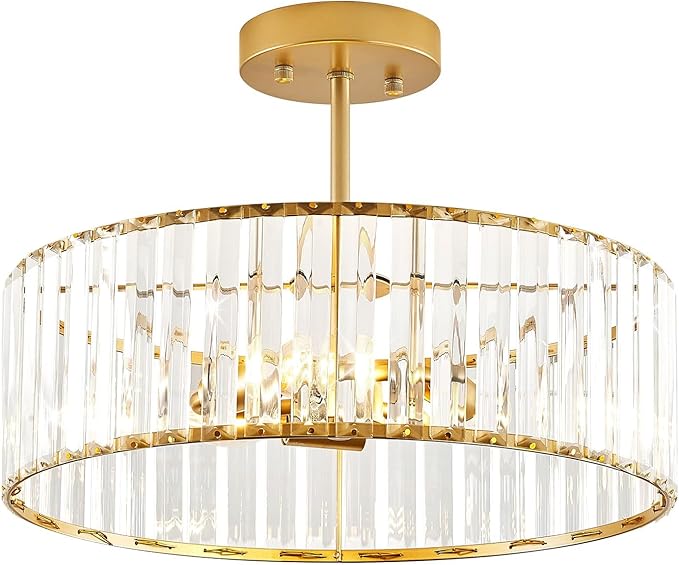 Modern Gold Semi Flush Mount Ceiling Light Crystal 3-Light Light Fixture 15.75 Inch Kitchen Ceiling Lighting for Living Room Bedroom Dining Room Bathroom Entryway (Bulb Not Included)