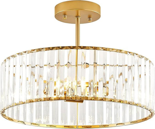 Modern Gold Semi Flush Mount Ceiling Light Crystal 3-Light Light Fixture 15.75 Inch Kitchen Ceiling Lighting for Living Room Bedroom Dining Room Bathroom Entryway (Bulb Not Included)