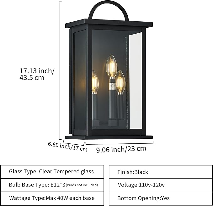 Outdoor Wall Light Fixture,3 -Light in Black Rectangular Metal Frame and Clear Glass Shade,Waterproof Exterior Sconce for Front Door, Porch, Garage,Bulbs Not Included