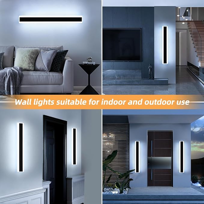 Mikeru 2Pack 31.4inch Long Led Wall Light, 6000k Cool White Modern Outdoor Wall Light Ip65 Waterproof Black Acrylic Porch Exterior Lighting Fixtures, Exterior Wall Mount Lights