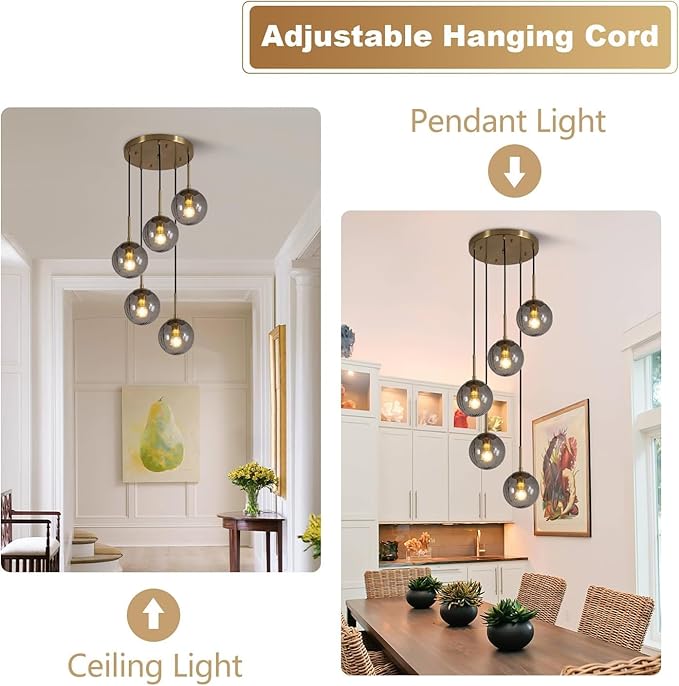 KCO Lighting 5 Light Cluster Pendant Lighting Smoke Glass Globe Chandelier Multi Pendant Light Fixture Gold Cluster Pendant Light Modern Staircase Chandelier