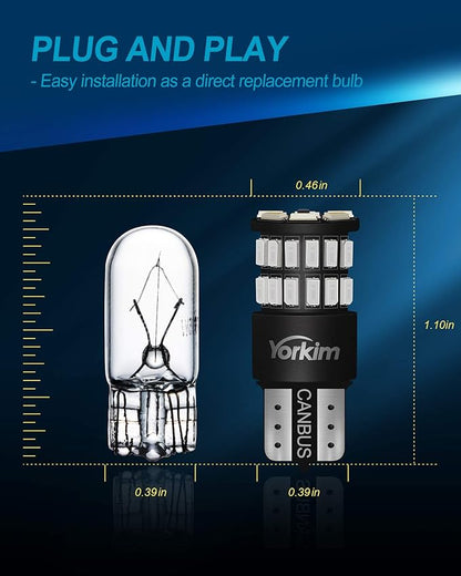 Yorkim 194 LED Bulb Red Error Free T10 Led Bulb168 LED Bulb for Interior Dome Map Door Courtesy Trunk License Plate Lights, 168 192 2825 W5W Bulbs Replacement for 12V Car, Pack of 2