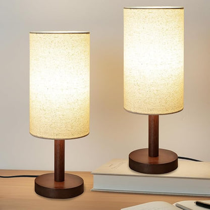 Small Table Lamp Nightstand Lamp Linen Lampshade Bedroom Wood Base Small Bedside Lamp for Night Stands, Desk Lamps for Reading Living Room, Office (LED Bulb Included) (Black-Walnut Wood（2）)