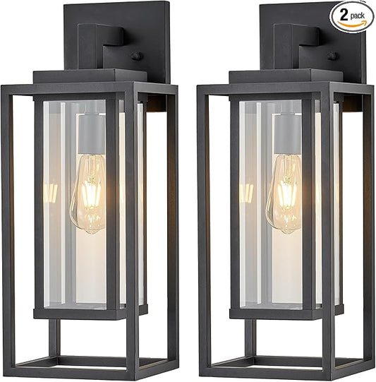 21" Outdoor Wall Light Fixtures Waterproofed Exterior Lantern W/Sturdy Rectangular Double Cage In Satin Black&Clear Tempered Glass,Sconce Mounted For House Patio,Front door,Porch,Garage Lighting 2Pack