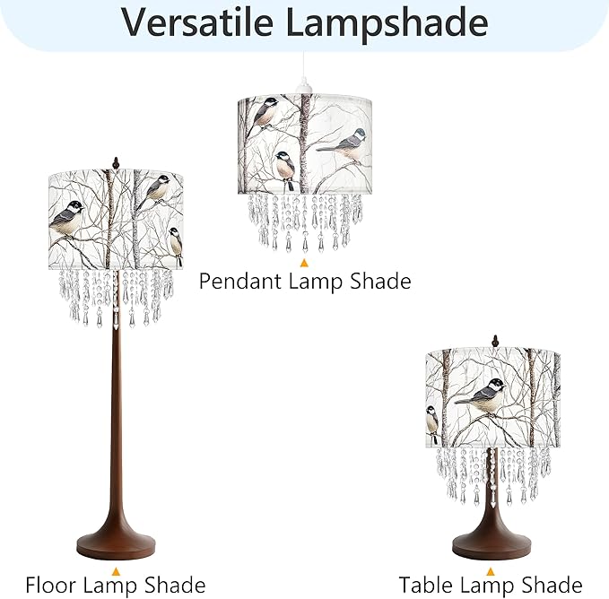 Winter Bird Tree Lamp Shade with Acrylic Bead Droplets, Blue Jay Fabric Light Shade for Pendant Table & Floor Lamp, Nature Gift for Bird lover or Garden Women, 11.8in
