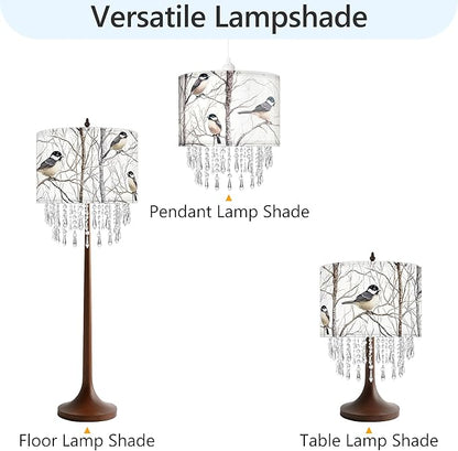 Winter Bird Tree Lamp Shade with Acrylic Bead Droplets, Blue Jay Fabric Light Shade for Pendant Table & Floor Lamp, Nature Gift for Bird lover or Garden Women, 11.8in