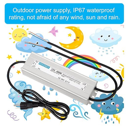 LED Driver 12V400W Waterproof Power Transformer 90-130V AC to DC 12V33.3A Switching Power Supply IP67 with 3-pin Plug Suitable for Indoor and Outdoor LED Lighting and Any 12V DC LED