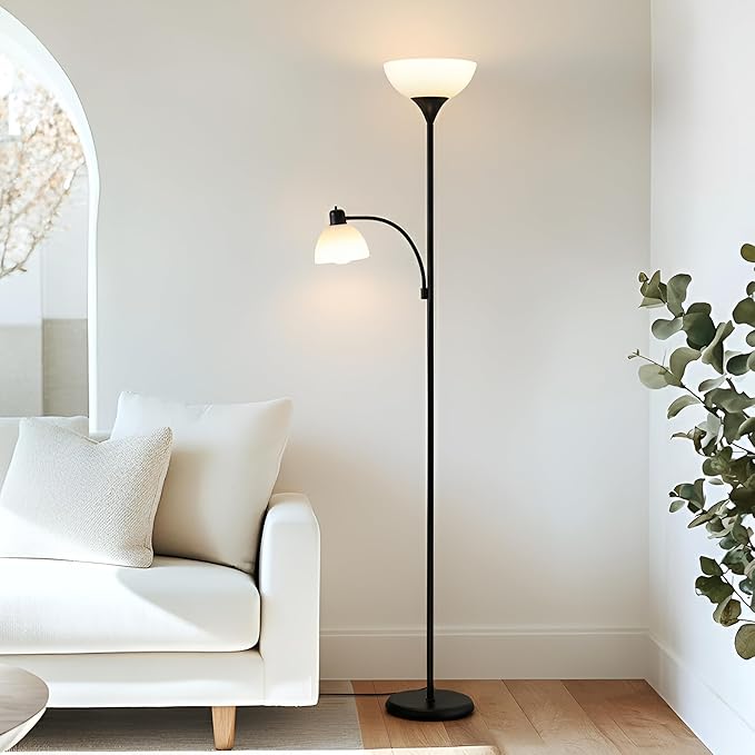 Brightech Sky Dome Plus LED Floor lamp, Torchiere Super Bright Floor Lamp with Reading Lamp for Living Rooms & Offices - Dimmable Tall Standing Lamp for Bedroom Reading - Black