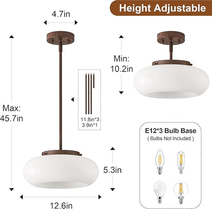 Mid-Century Modern Faux Walnut Wood Semi Flush Mount Ceiling Light, 3-Light Kitchen Light Fixtures with Glass Shade for Entryway Hallway Bathroom Bedroom (12.6 Inch)