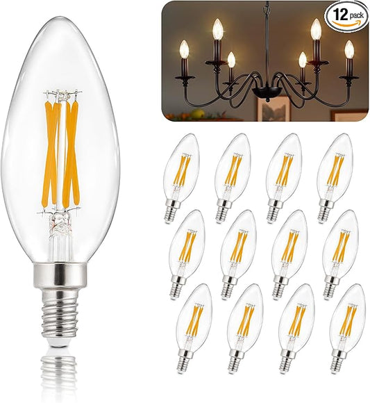 Depuley LED Light Bulbs E12: Candelabra Candle Light Bulb 4W Equivalent 40W Incandescent - LED Chandelier Light Bulbs 2700K Soft White - C35 Clear Filament Bulb E12 Base 500 LM 90+ CRI 12 Pack