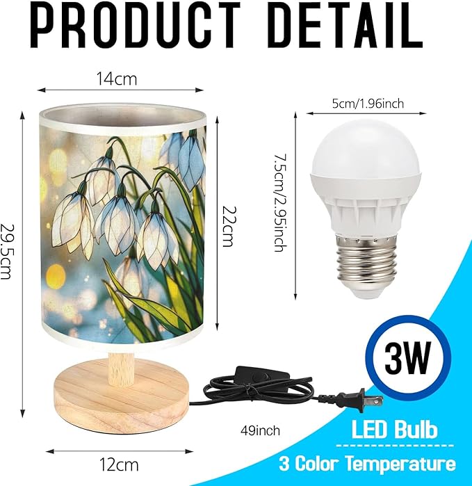 Snowdrop Table Lamp LED 3-Color Pressed Bedside, Snowdrop Shade Lamp with Wood Base for Bedroom Living Room Desk Office TL01