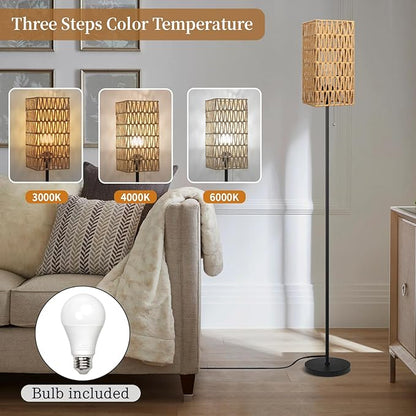Floor Lamp for Living Room,Farmhouse Floor lamp,Modern Standing lamp with Hand-Worked Rattan Shade (Square Shade-3 Color Blub)