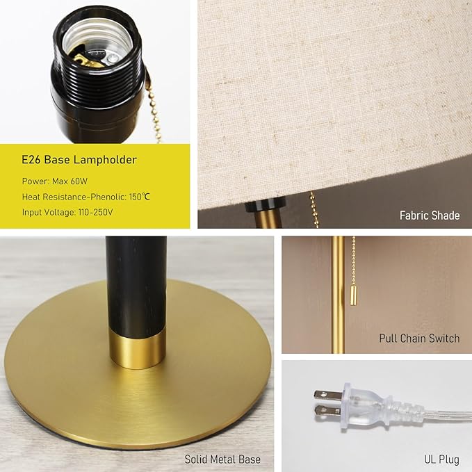 26.4" Living Room Modern Table Lamp Bedside Lamps for Bedroom 3-Color Temperatures Pull Chain Switch Nightstand Lamp for End Tables Wood Fabric for Home/Office/Desk Decor (Light Brown+Brass)