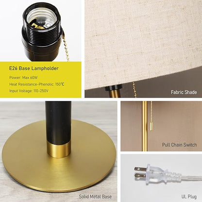 26.4" Living Room Modern Table Lamp Bedside Lamps for Bedroom 3-Color Temperatures Pull Chain Switch Nightstand Lamp for End Tables Wood Fabric for Home/Office/Desk Decor (Light Brown+Brass)