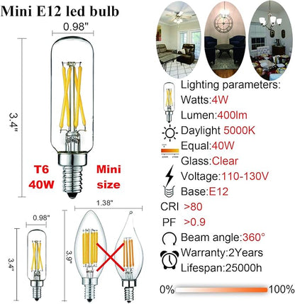LiteHistory E12 led Bulb Dimmable 4W Equal 40W led Candelabra Bulb Daylight 5000K Clear T6 T25 E12 Edison Bulb for Ceiling Fan,Chandelier AC120V 400LM 6Pack