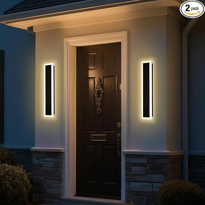 2 Pack Linear Outdoor Wall Light 24In Modern LED Outdoor Lighting Fixtures 3000K-6000K Dimmable, IP65 Waterproof Black Long Exterior Wall-Mounted Lights for Garage Front Door Porch House