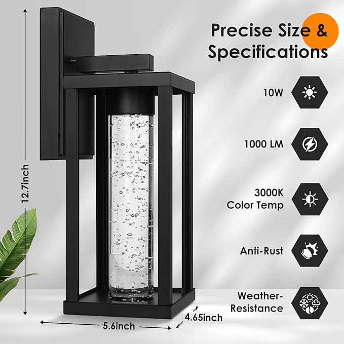 Brightever 2-Pack Outdoor Wall Lights Fixture, Exterior Waterproof 10W Matte Black Outdoor Wall Lanterns Sconces with Crystal Bubble Glass, Modern LED Outside Lights for House, Porch, Garage, Patio