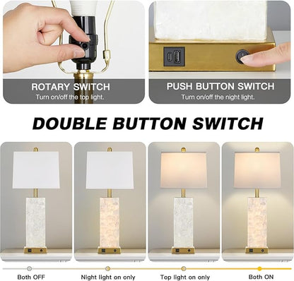 28" Coastal Table Lamps for Living Room Set of 2, Bedside Lamps with Night Light, USB A+C Ports, Modern Sea Shell Bedside Night Stands Light for Beachy Cottage Decor (Gold)